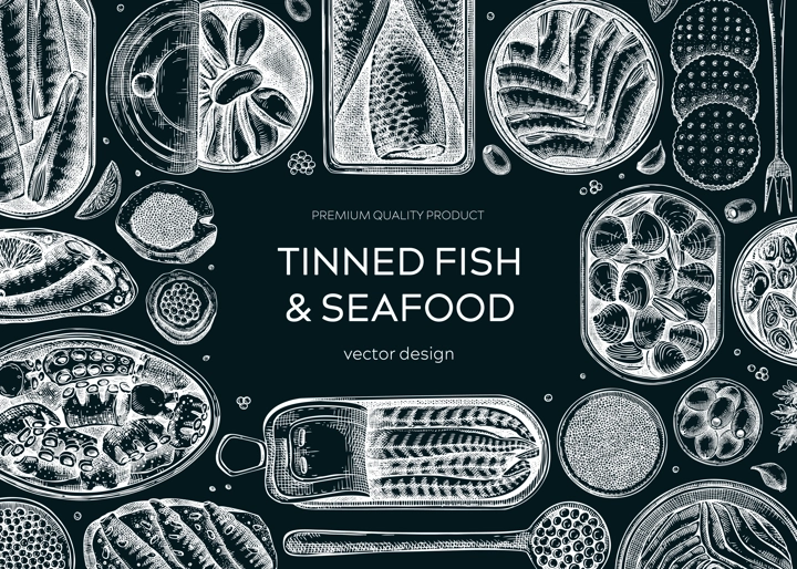 Tinned fish frame design on chalkboard. Seafood background with hand-drawn sardines, anchovy, mackerel, tuna, mussels in tin cans, fish canapes drawings. Finger food party banner. Canned fish sketch
